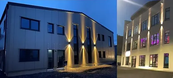Zwei Fassaden mit akzentuierter Außenbeleuchtung
